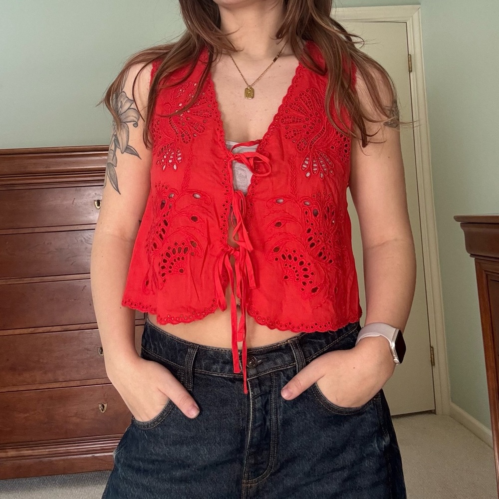 Free People Red Eyelet Vest Tank Top
